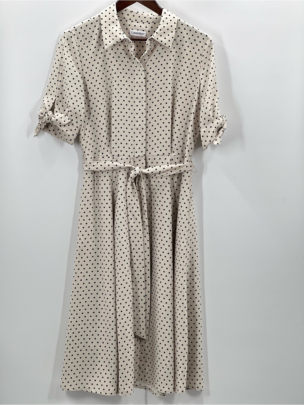287 Calvin Klein Cream Polka Dot Midi Shirt Dress